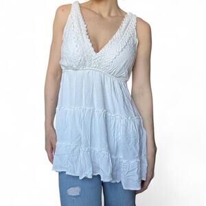 Women’s White Ocean Drive V-Neck Flowy Beach Tank Top Blouse Sz M